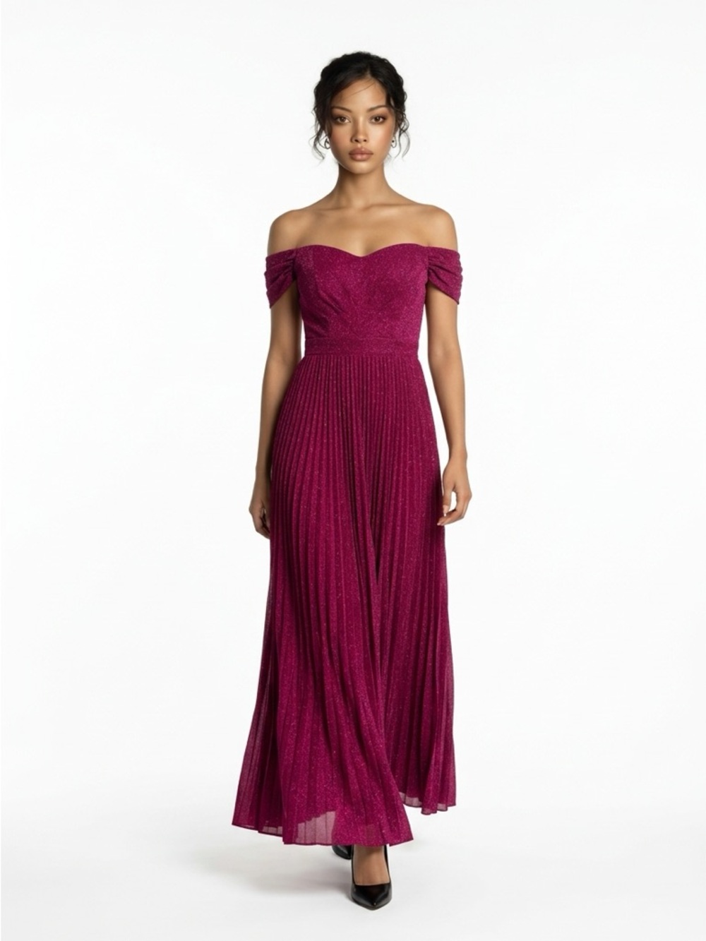 Off-Shoulder Pleated Gown in Deep Berry